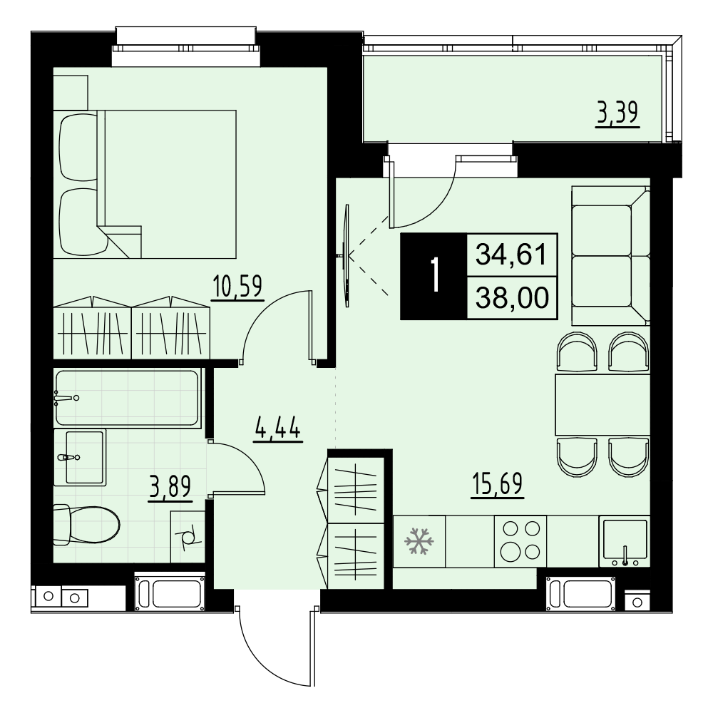 1-комнатная 36 м2 в ЖК Макрорайон Амград корпус null этаж 1