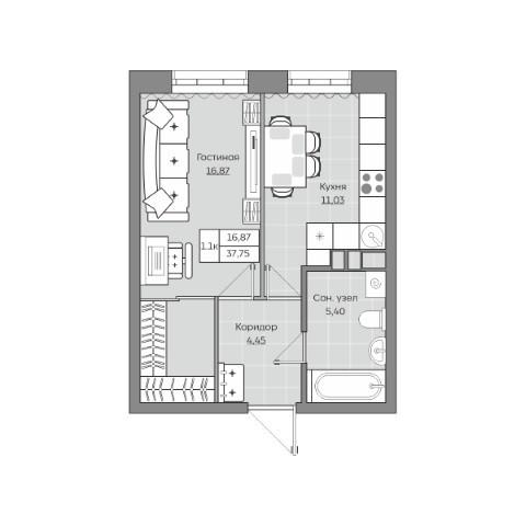1-комнатная 37 м2 в ЖК Станция Спортивная корпус null этаж 7