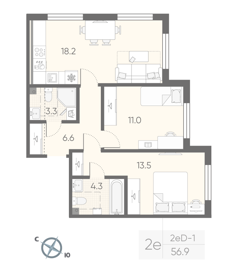2-комнатная 56 м2 в ЖК Пулково Lake корпус null этаж 1