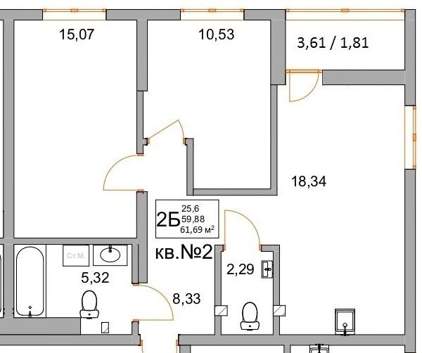 2-комнатная 61 м2 в ЖК Юго-Западный корпус null этаж 2