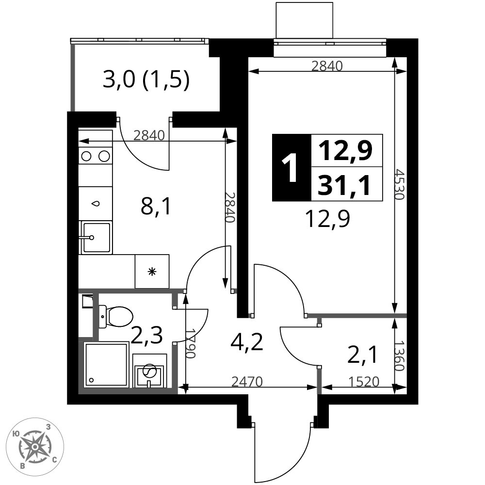 1-комнатная 31 м2 в ЖК 1-й Донской корпус null этаж 20