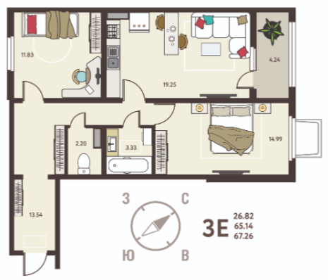 2-комнатная 67.3 м2 в ЖК undefined корпус null этаж 9