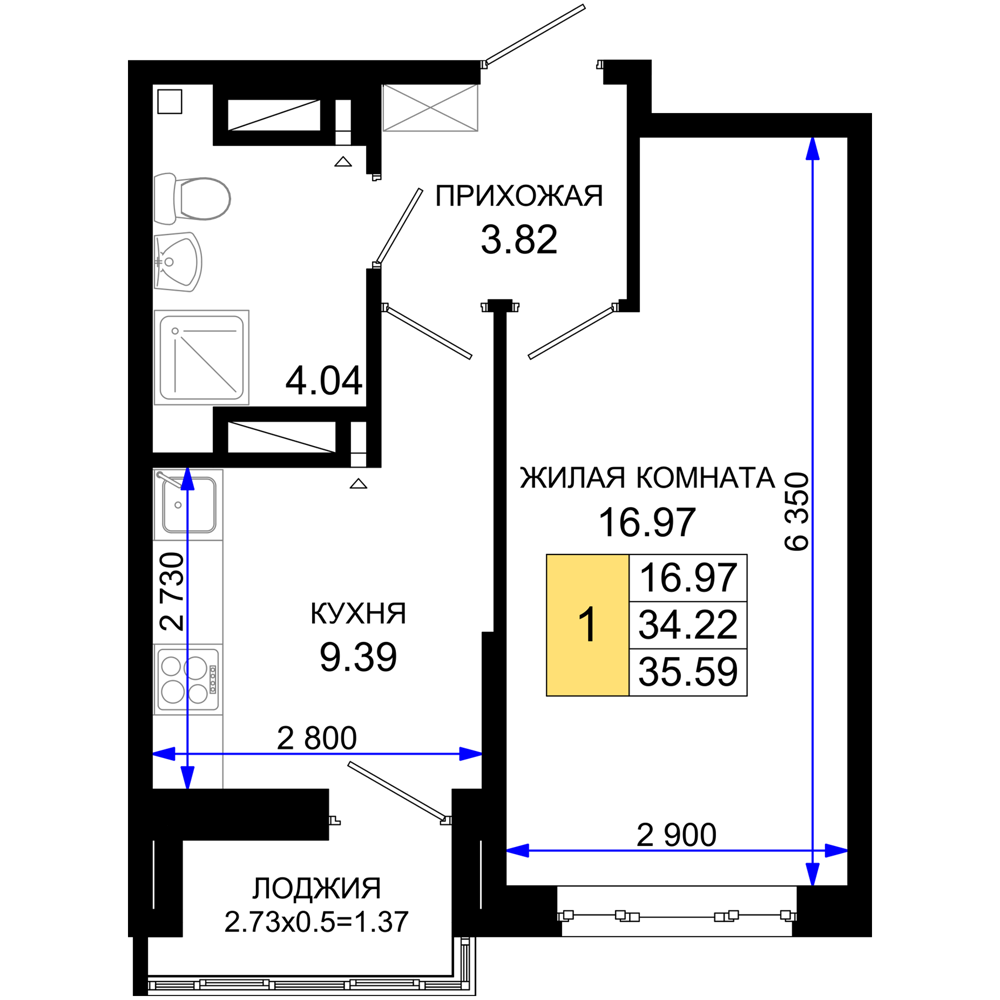 1-комнатная 35 м2 в ЖК Октябрь парк корпус null этаж 11