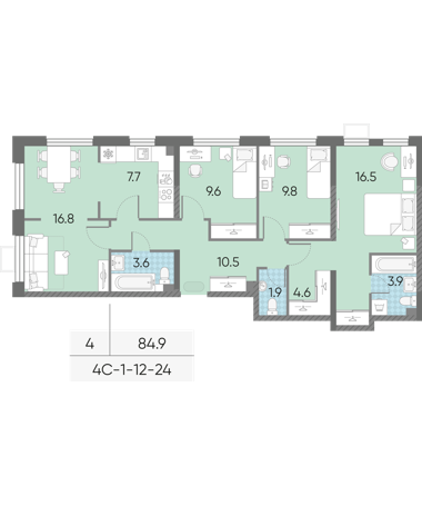 4-комнатная 84 м2 в ЖК ЛУЧИ корпус null этаж 20