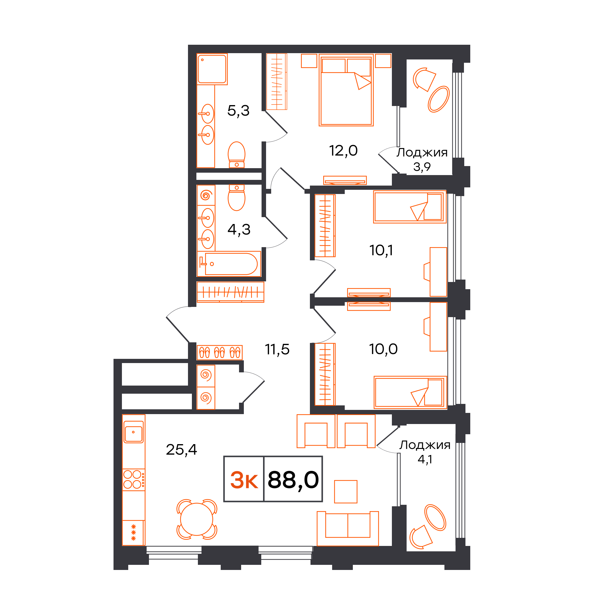 3-комнатная 88 м2 в ЖК Александровский корпус null этаж 4