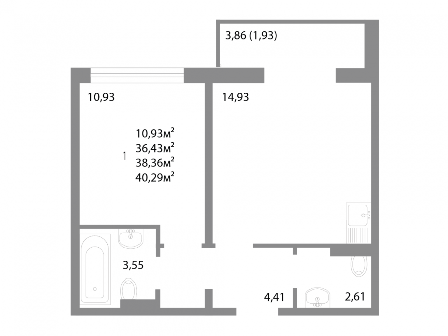 1-комнатная 38.4 м2 в ЖК undefined корпус null этаж 15