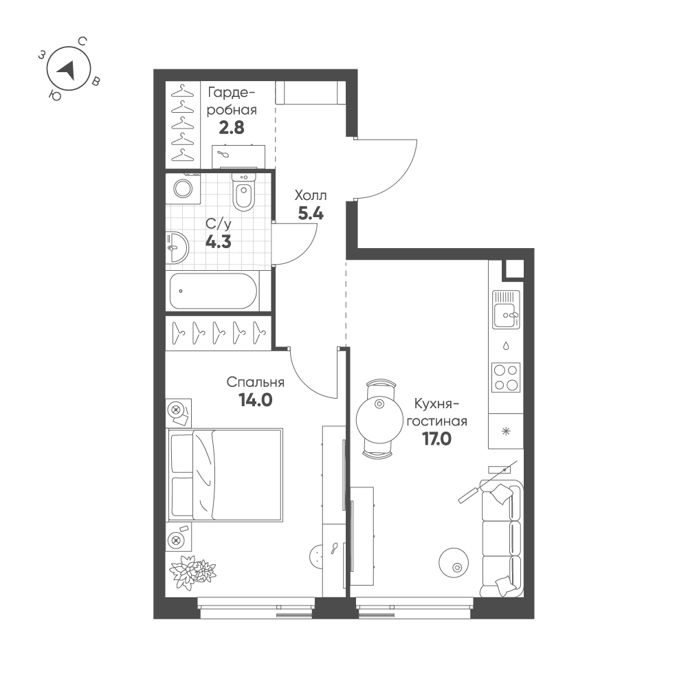 1-комнатная 43 м2 в ЖК Shagal корпус null этаж 8