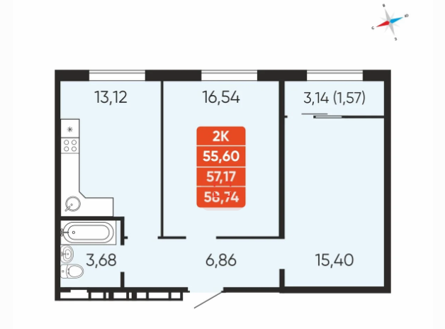 2-комнатная 57.2 м2 в ЖК undefined корпус null этаж 8