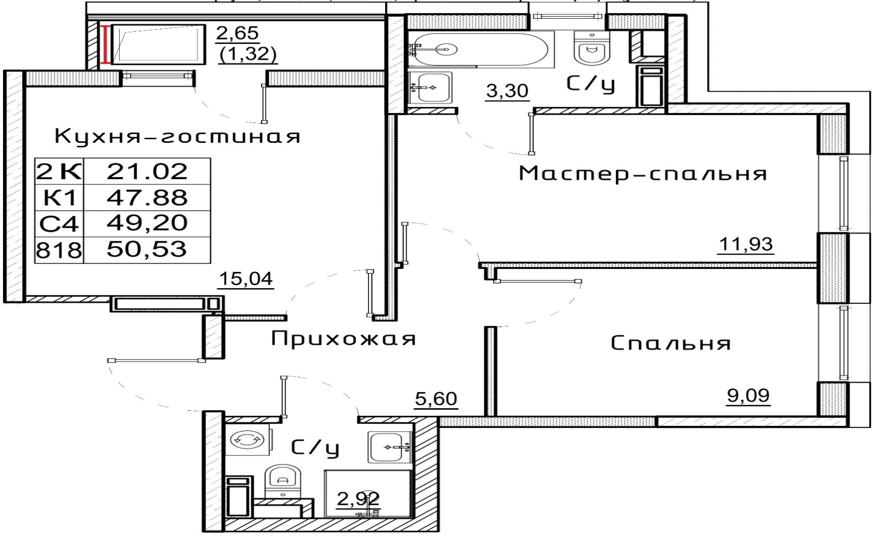 2-комнатная 50.5 м2 в ЖК undefined корпус null этаж 16