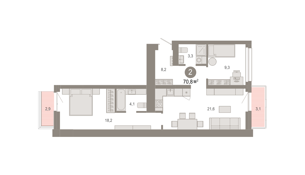 2-комнатная 70 м2 в ЖК Квартал Нефть корпус null этаж 6