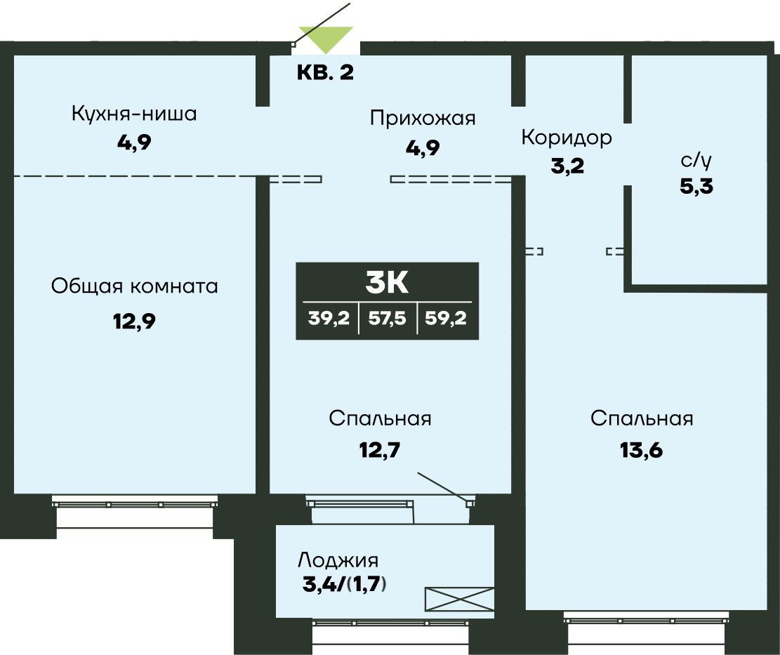 3-комнатная 59 м2 в ЖК Гренландия корпус null этаж 13