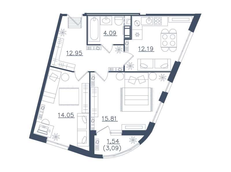 2-комнатная 60 м2 в ЖК Мир внутри корпус null этаж 2