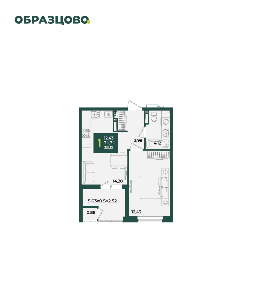 1-комнатная 38 м2 в ЖК Образцово корпус null этаж 17