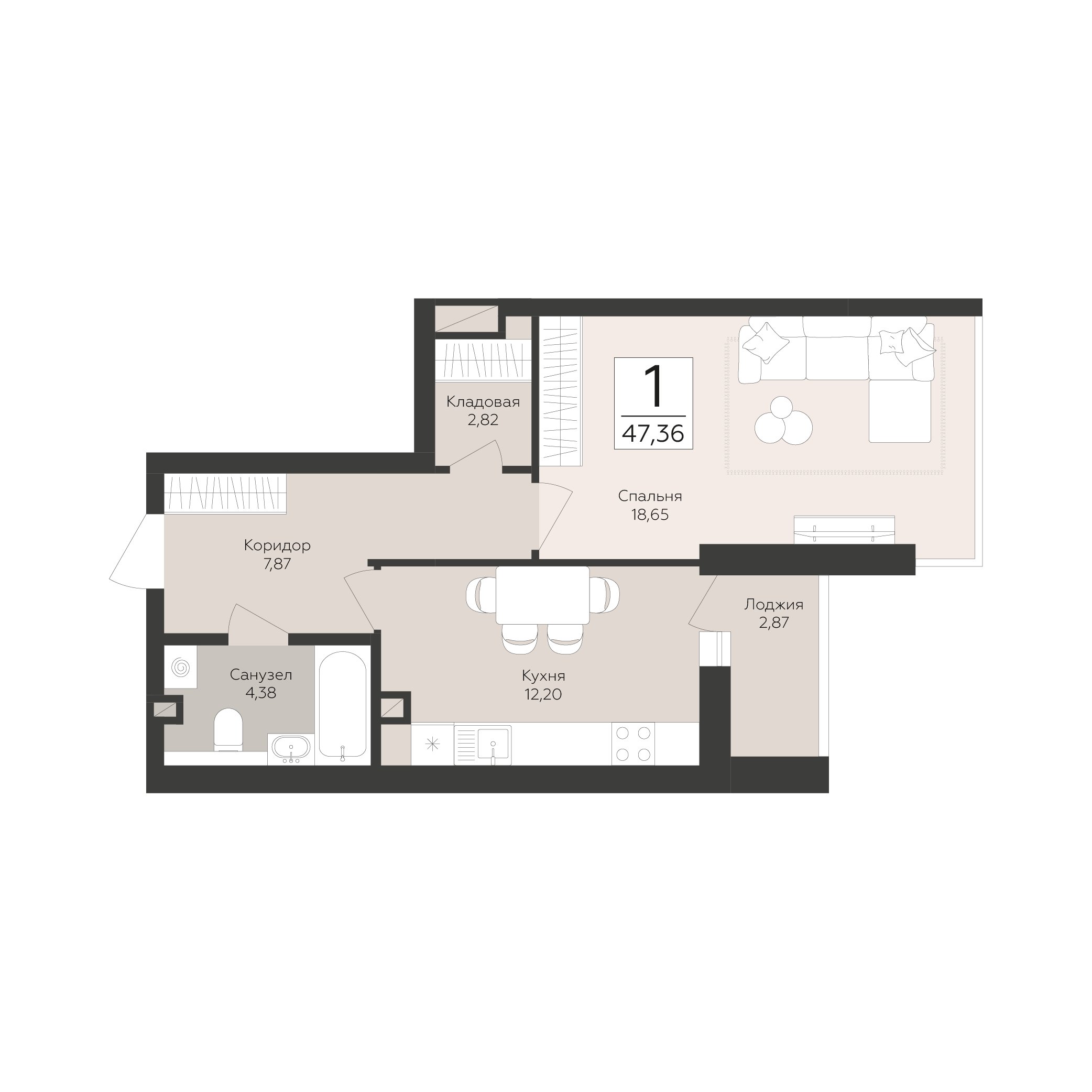 1-комнатная 47 м2 в ЖК Скай корпус null этаж 2