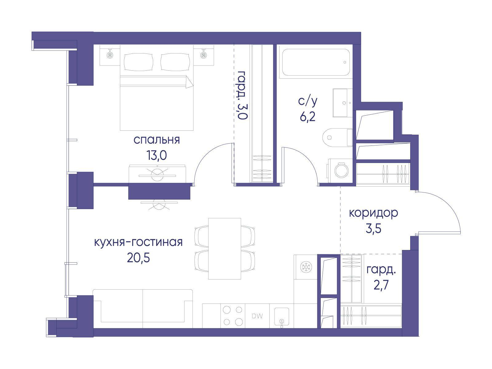 1-комнатная 48 м2 в ЖК Начало корпус null этаж 5