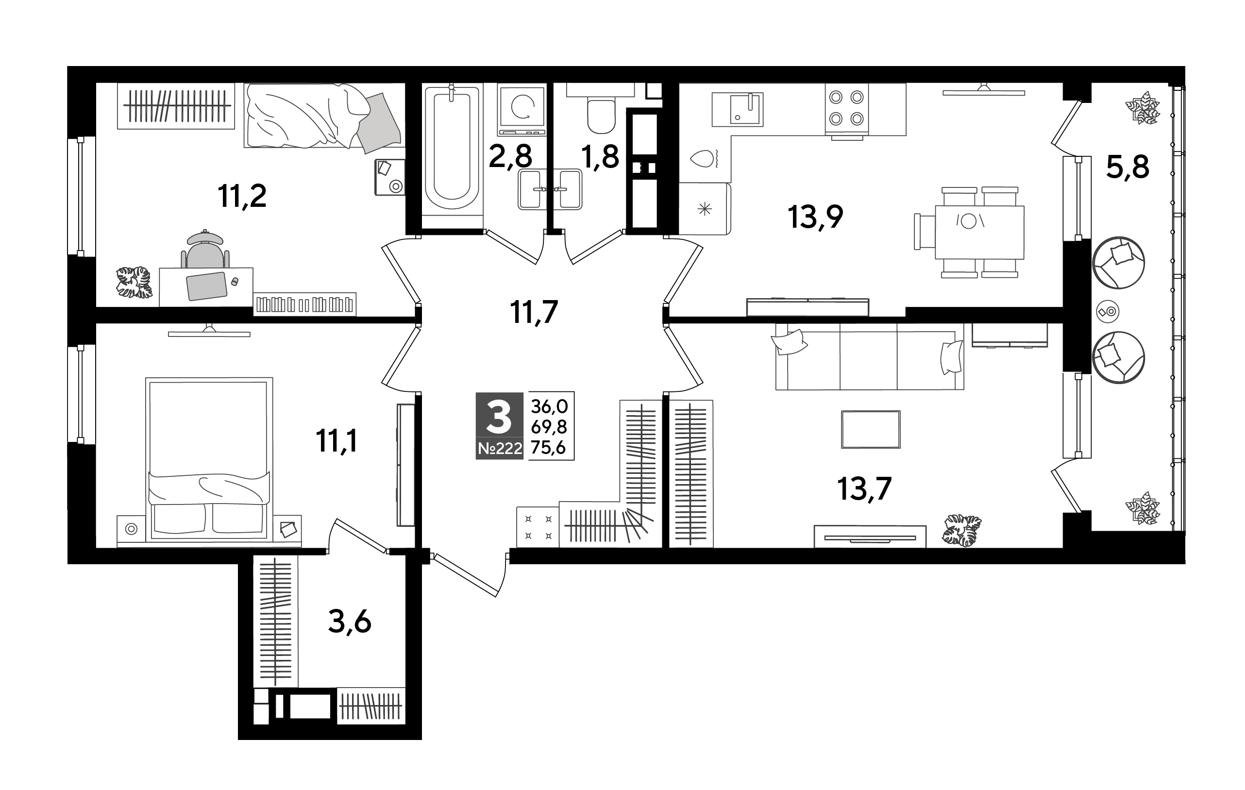 3-комнатная 75 м2 в ЖК Dogma Park корпус null этаж 12