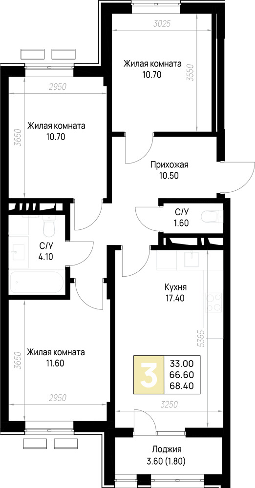 3-комнатная 68 м2 в ЖК На Высоком берегу корпус null этаж 11