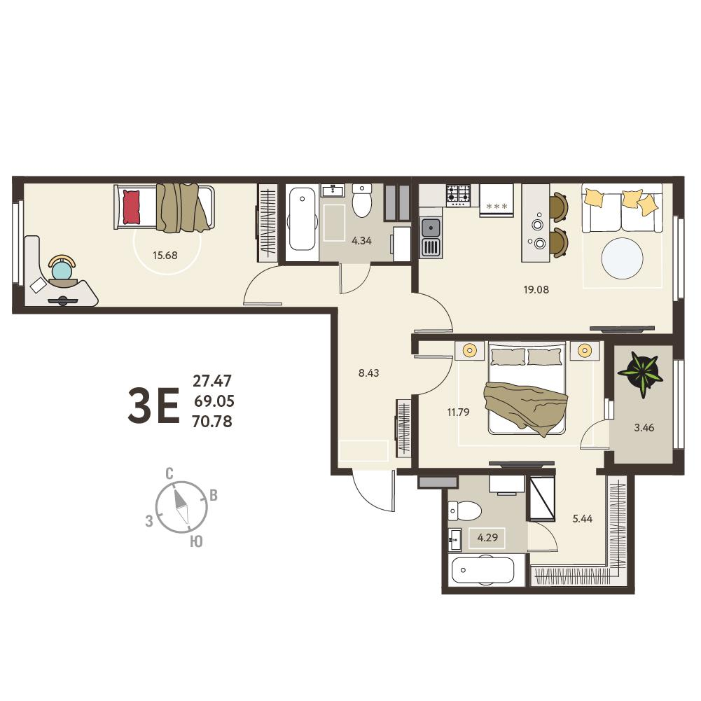 2-комнатная 70 м2 в ЖК ИНСТЕП.СИТИ корпус null этаж 12