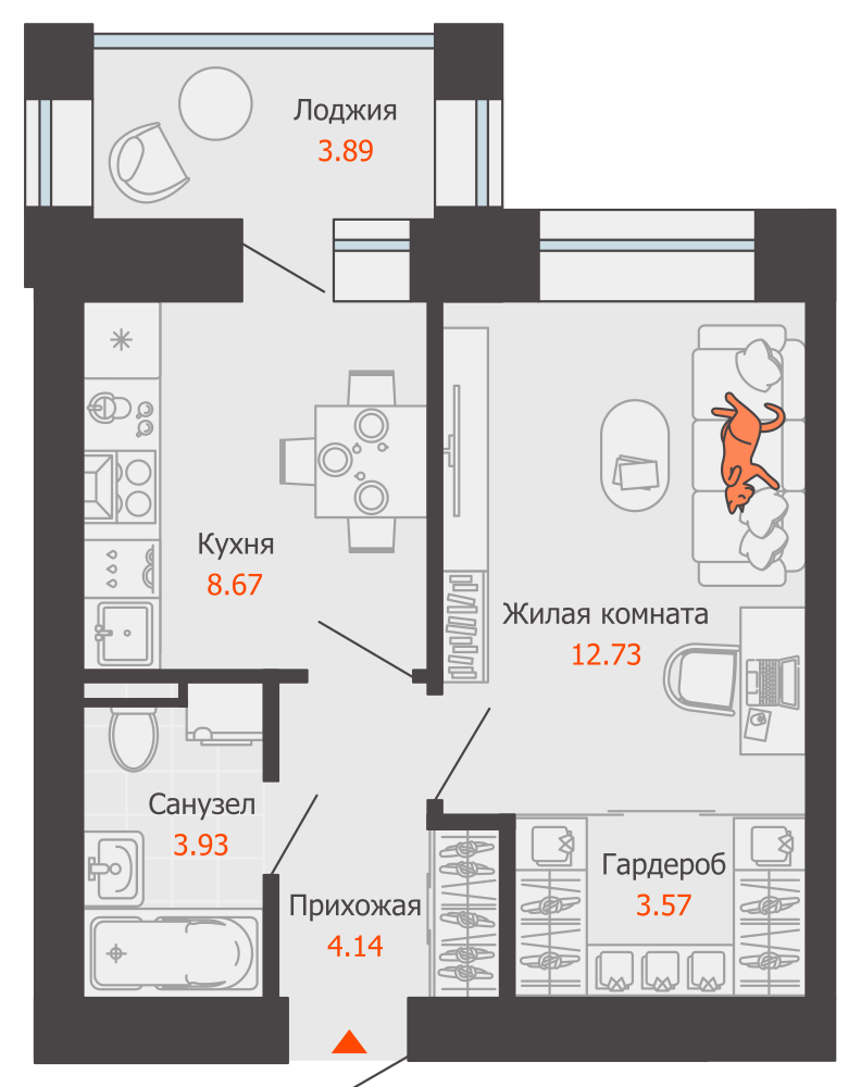 1-комнатная 35 м2 в ЖК ZNAK корпус null этаж 2