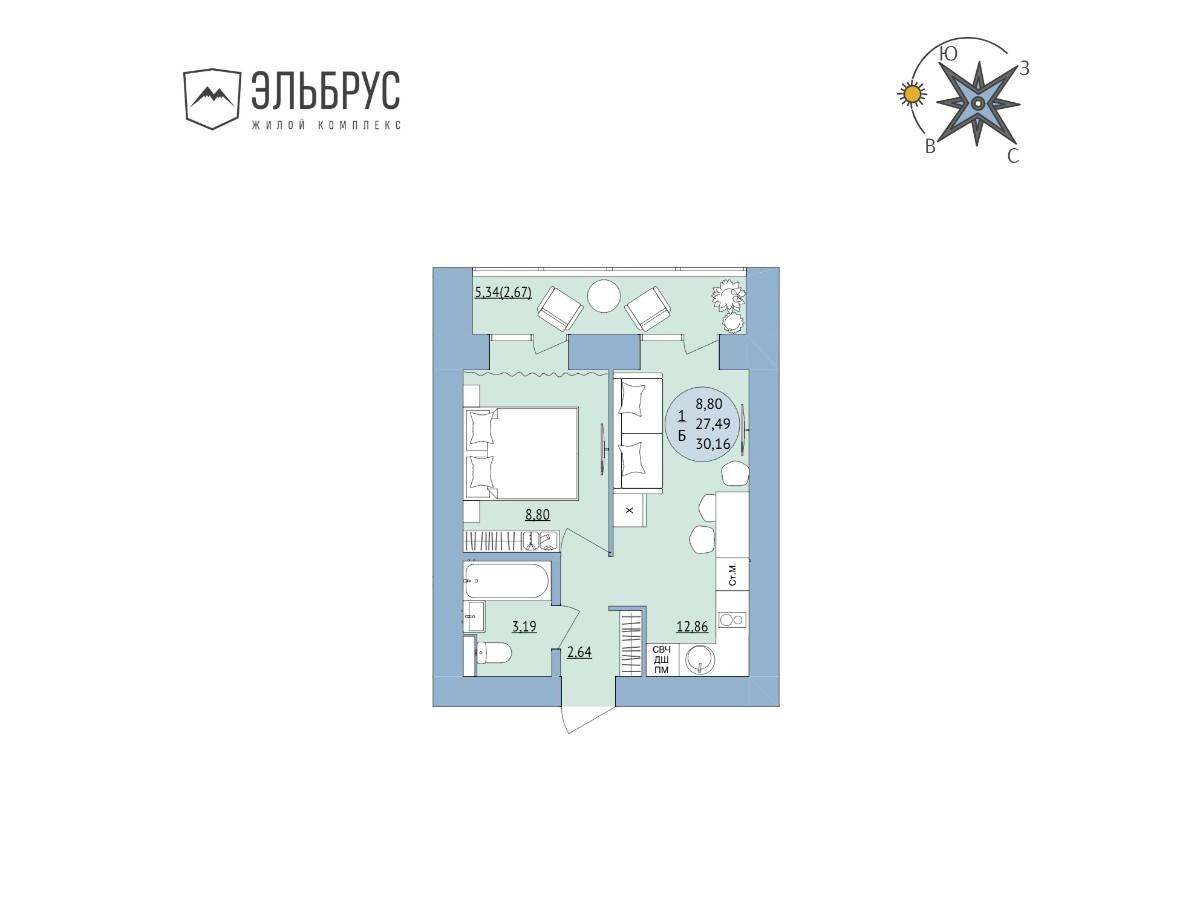 1-комнатная 30 м2 в ЖК Эльбрус корпус null этаж 17