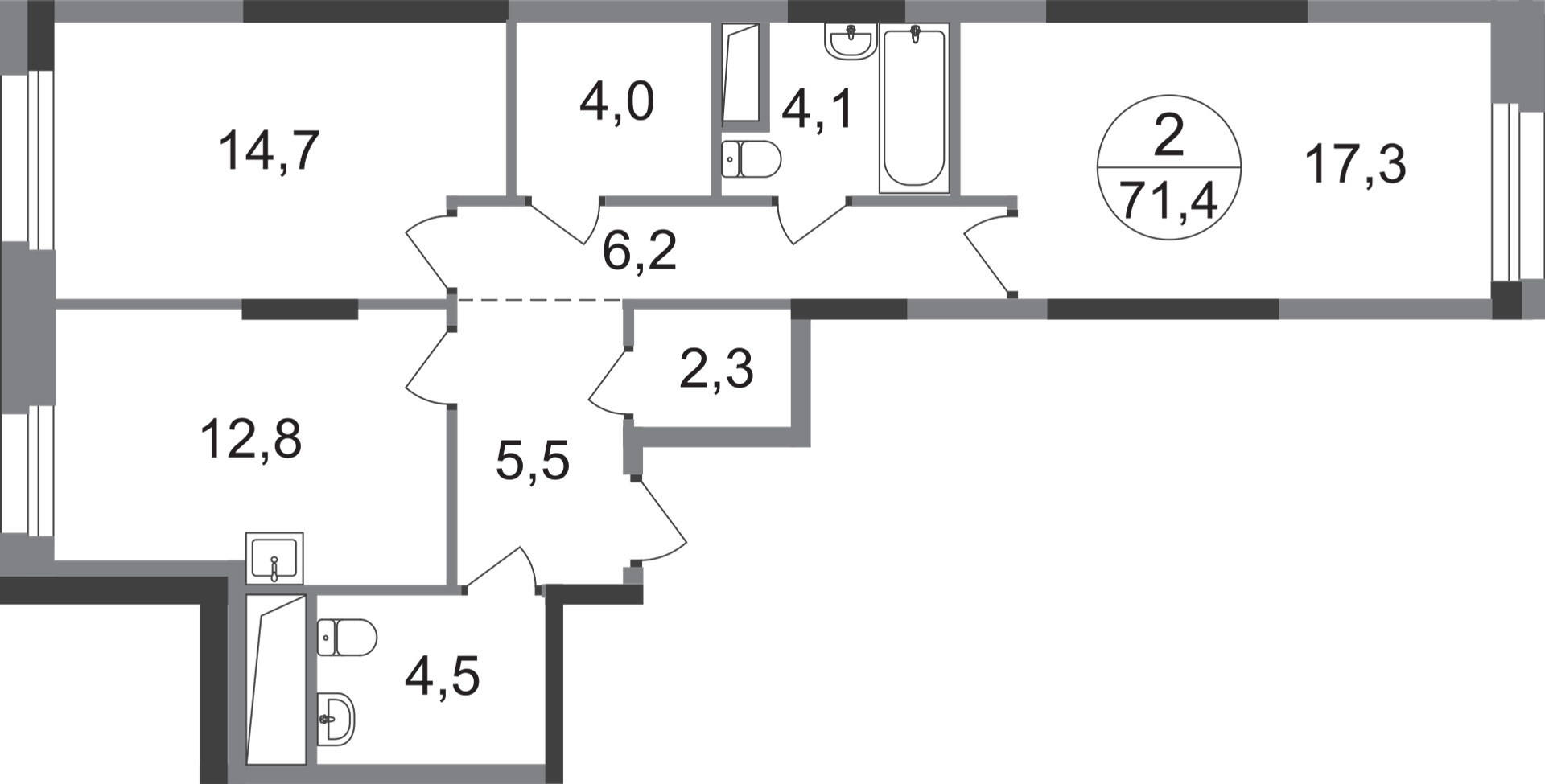 2-комнатная 71 м2 в ЖК Первый Московский корпус null этаж 6