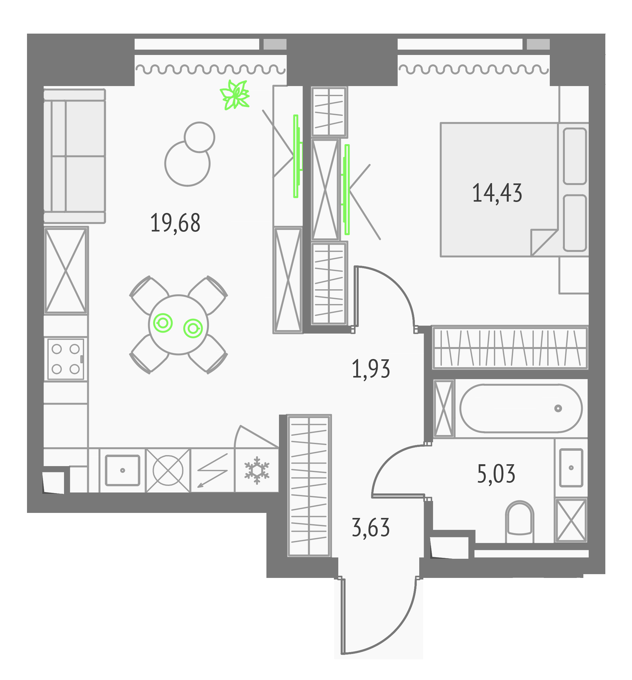 1-комнатная 44 м2 в ЖК Апсайд Тауэрс корпус null этаж 43