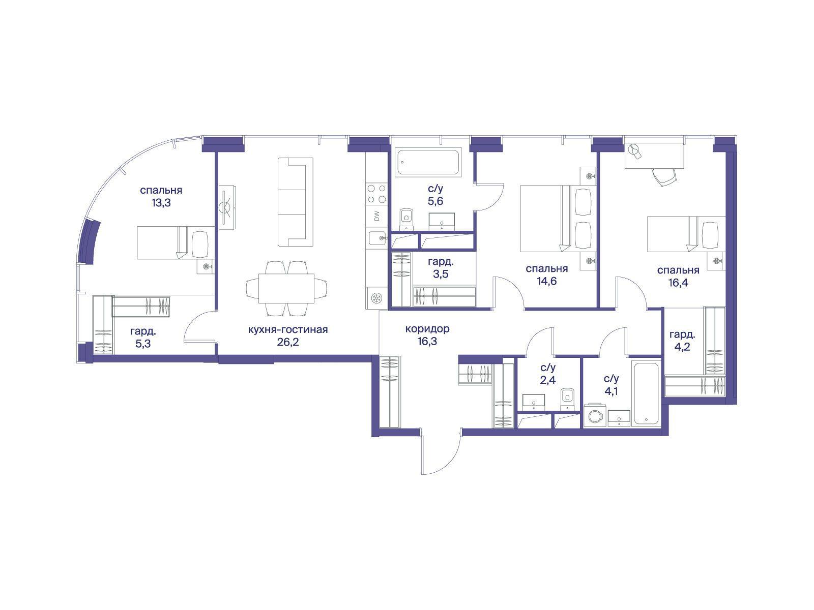 3-комнатная 111 м2 в ЖК Начало корпус null этаж 5