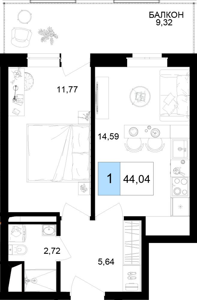 2-комнатная 44 м2 в ЖК Корсаков корпус null этаж 7