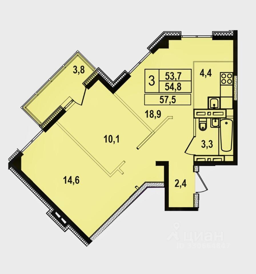 3-комнатная 57.5 м2 в ЖК undefined корпус null этаж 13