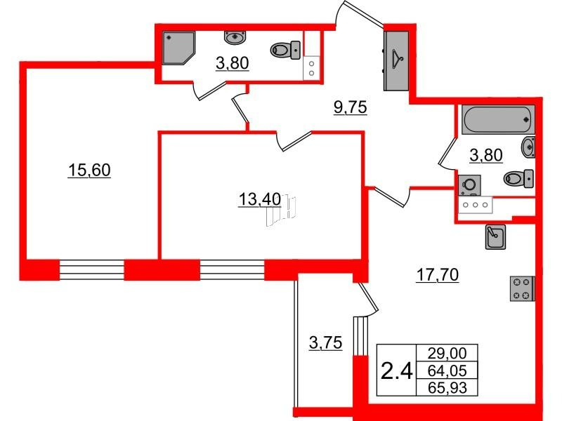 2-комнатная 64 м2 в ЖК Бионика Заповедная корпус null этаж 6