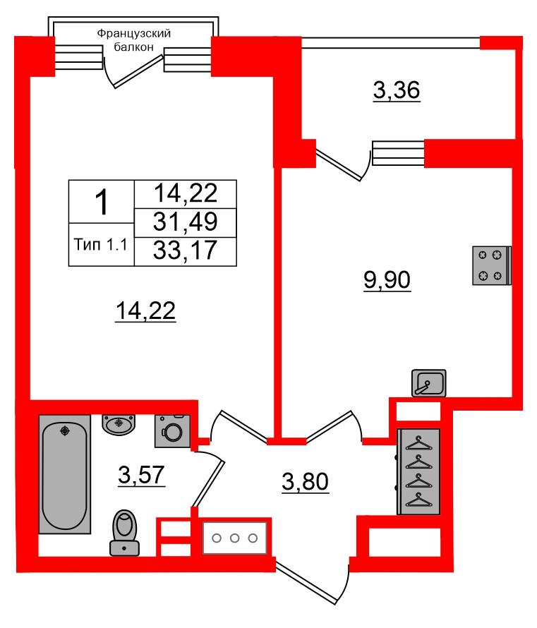 1-комнатная 31 м2 в ЖК Setl Ривьера корпус null этаж 4