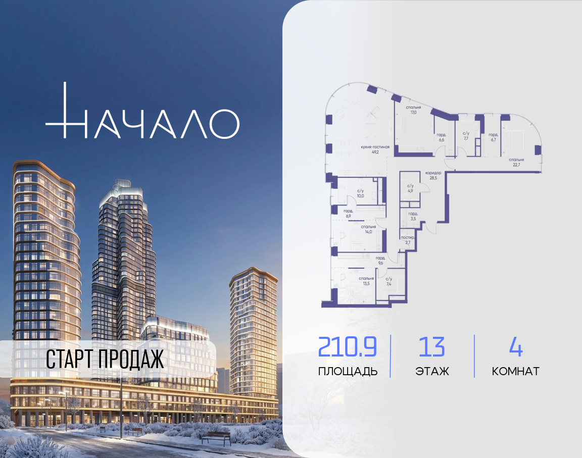 4-комнатная 210 м2 в ЖК Начало корпус null этаж 13