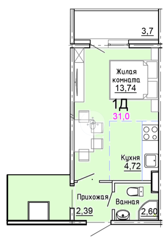 Студия 31 м2 в ЖК undefined корпус null этаж 5