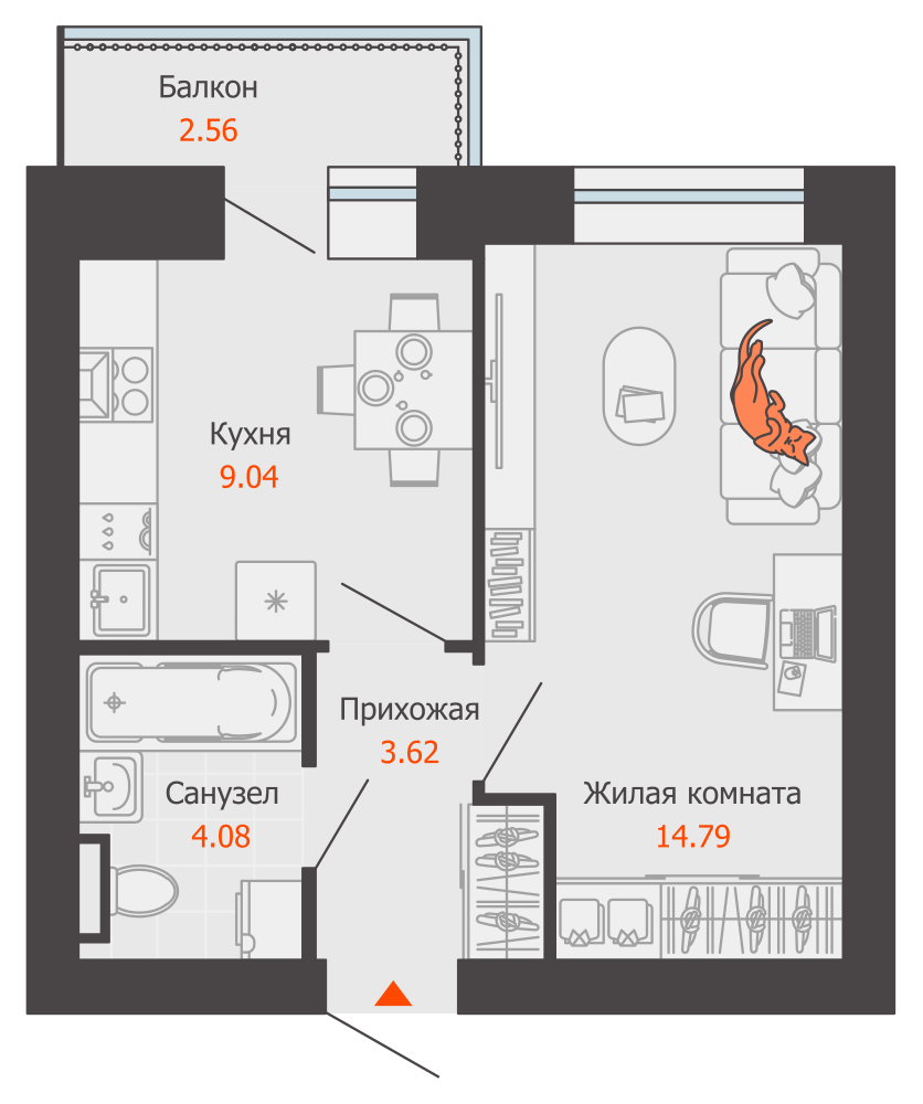 1-комнатная 32 м2 в ЖК Камаполис корпус null этаж 9