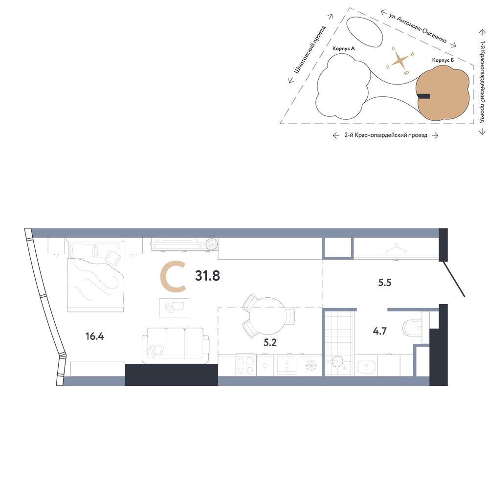 Студия 31 м2 в ЖК АУРУС Резиденции корпус null этаж 24