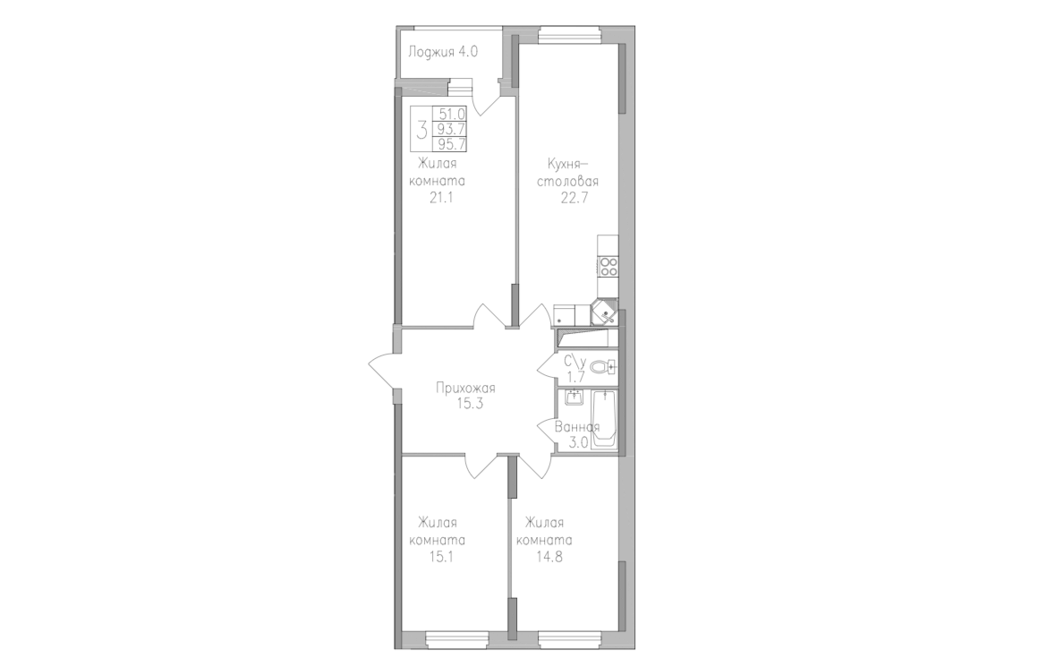 3-комнатная 95.8 м2 в ЖК undefined корпус null этаж 13