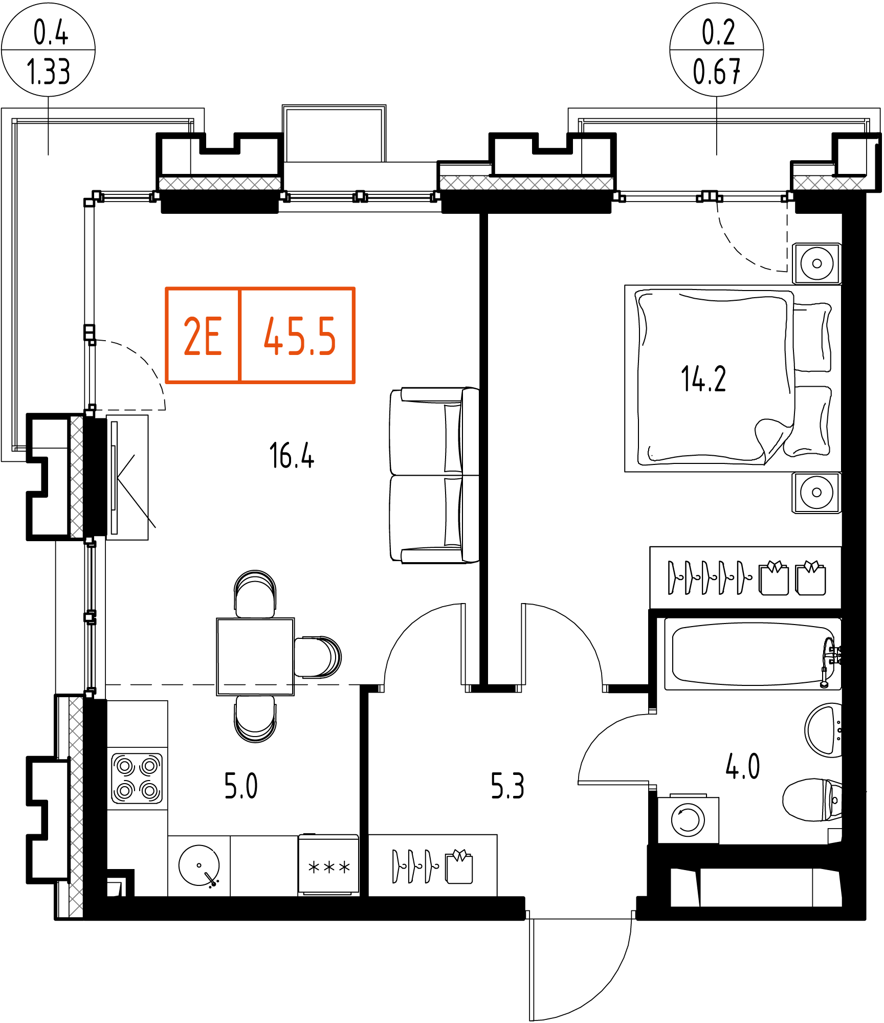 2-комнатная 45 м2 в ЖК Сколково ВАН корпус null этаж 7