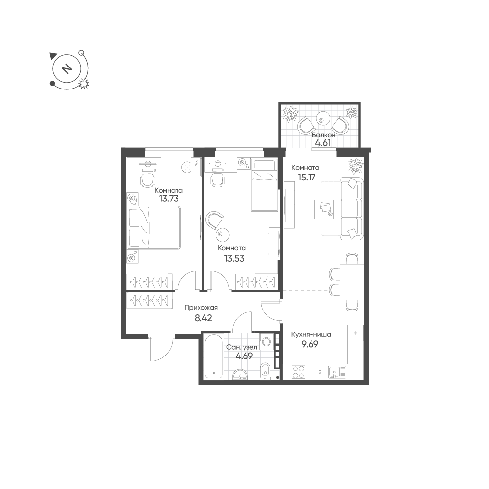 3-комнатная 66 м2 в ЖК Балтым-Парк корпус null этаж 2