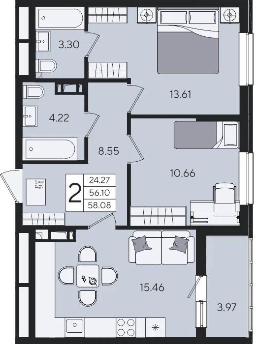 2-комнатная 58.1 м2 в ЖК undefined корпус null этаж 6