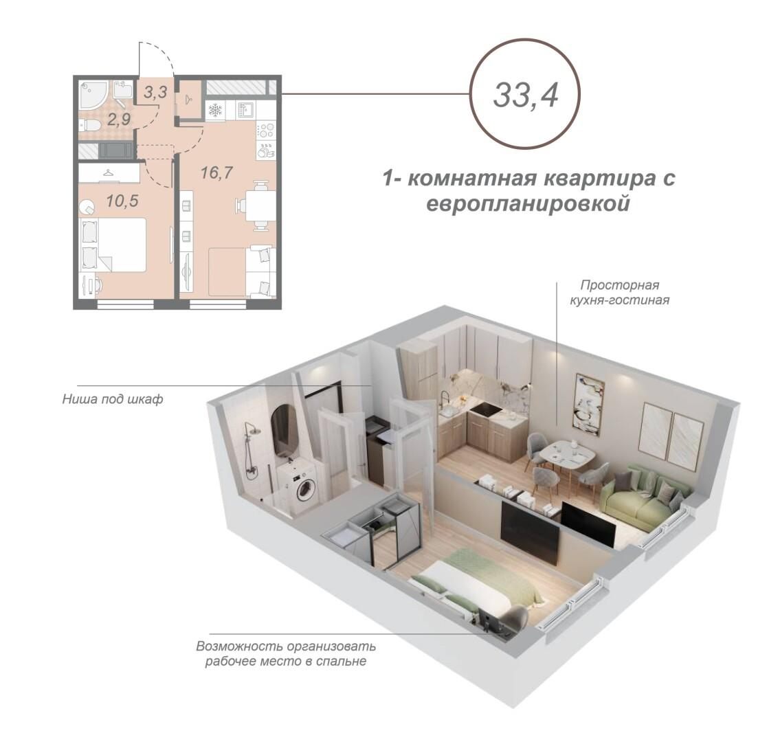 1-комнатная 33.4 м2 в ЖК undefined корпус null этаж 13