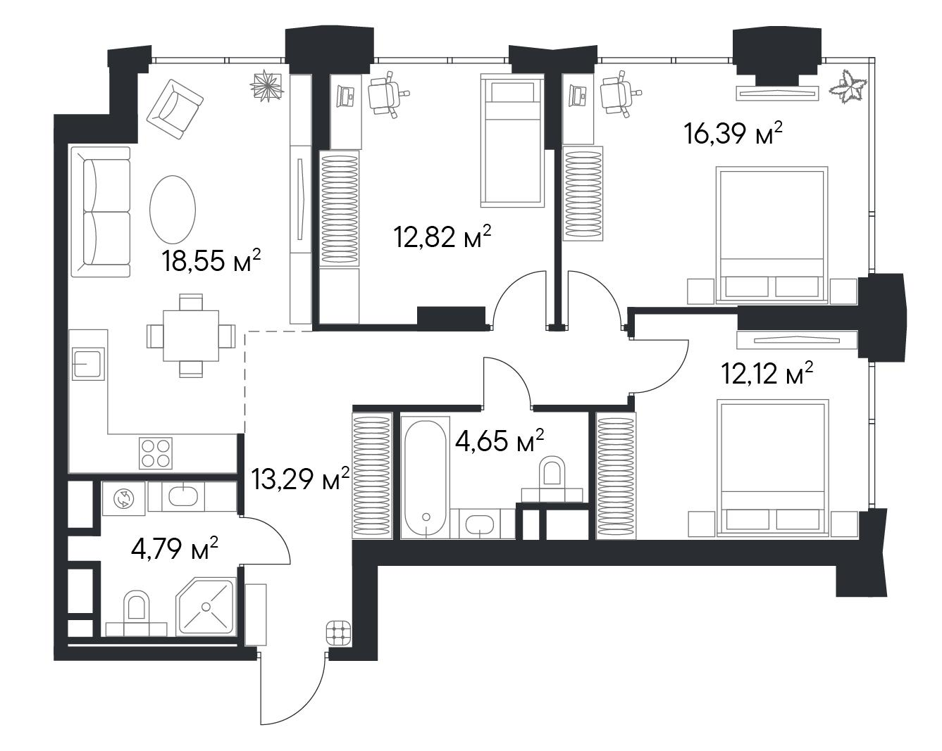 3-комнатная 82 м2 в ЖК 1-й Нагатинский корпус null этаж 16