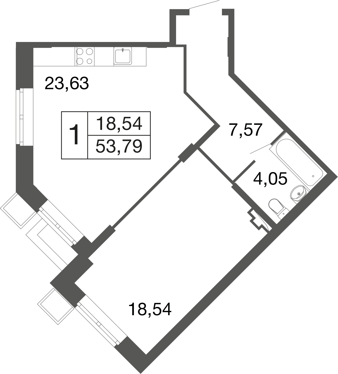 1-комнатная 53 м2 в ЖК Времена года корпус null этаж 1