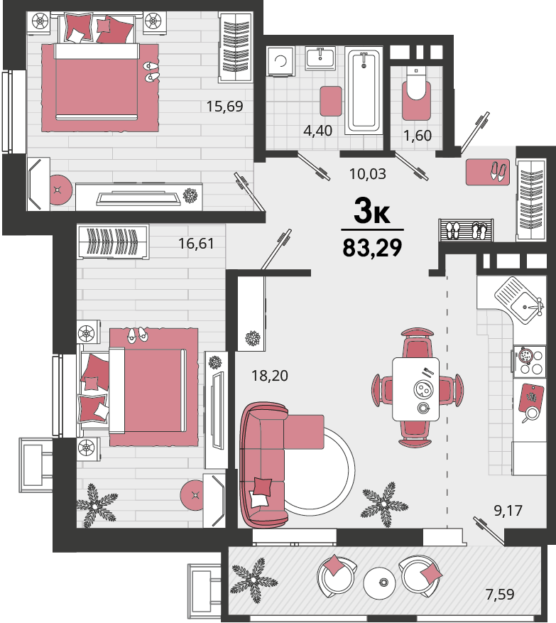 3-комнатная 83 м2 в ЖК Родные просторы корпус null этаж 4