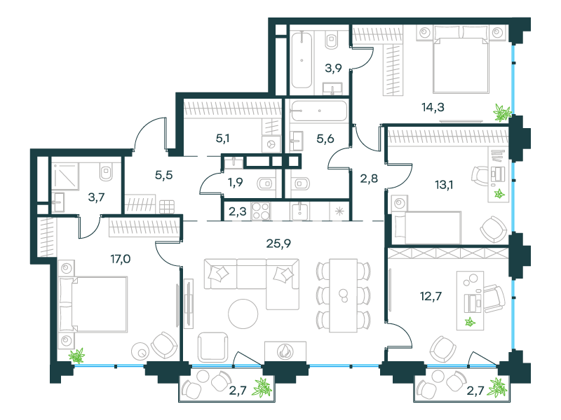 5-комнатная 115 м2 в ЖК Level Бауманская корпус null этаж 21