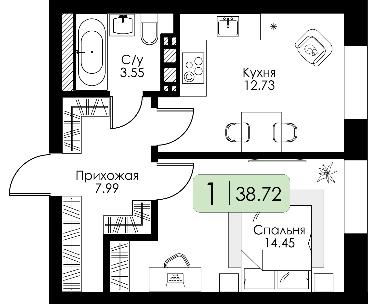 1-комнатная 38 м2 в ЖК Урбан Парк корпус null этаж 2