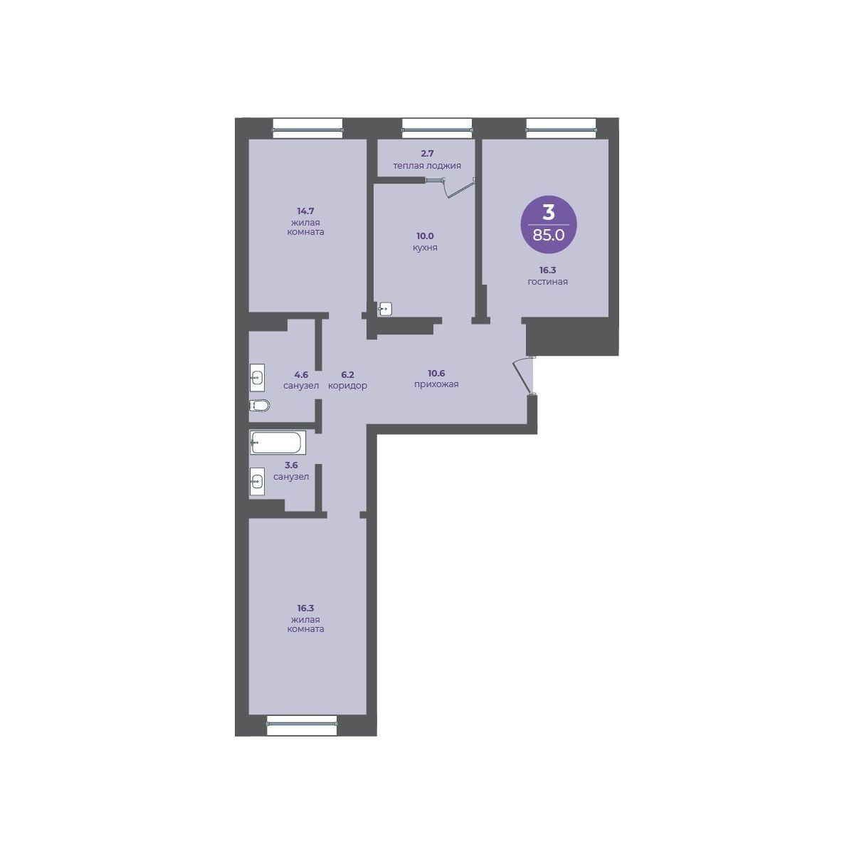 3-комнатная 85 м2 в ЖК Перемены корпус null этаж 6