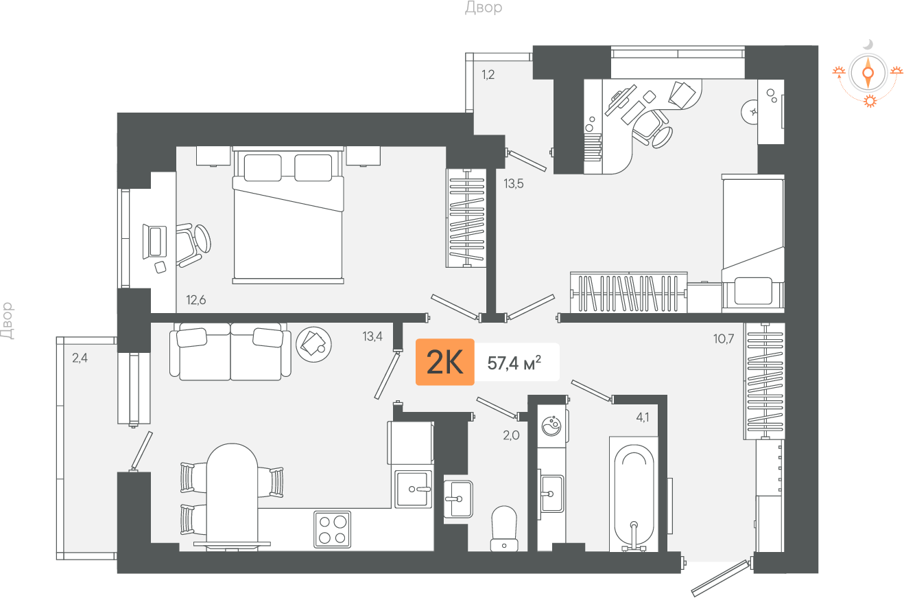 2-комнатная 57 м2 в ЖК Zori корпус null этаж 7