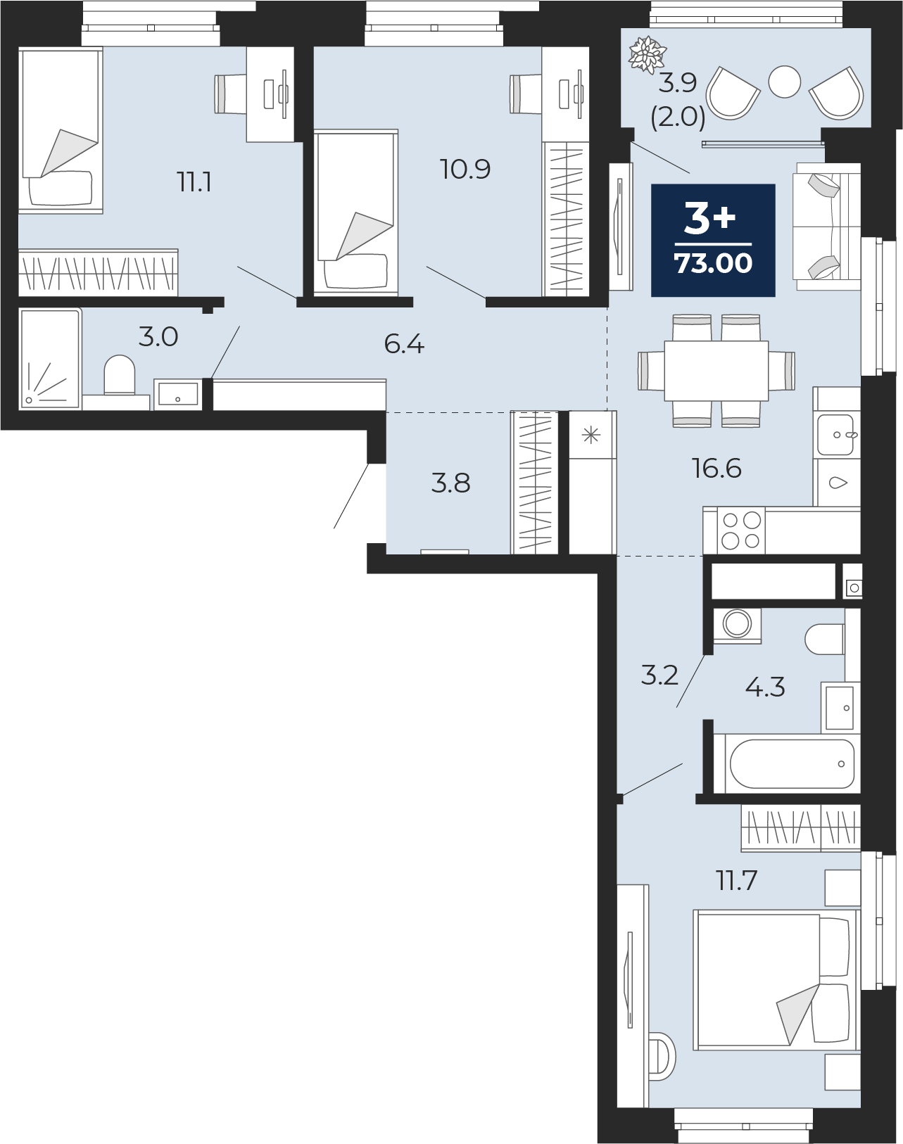 3-комнатная 71 м2 в ЖК Мириады корпус null этаж 5