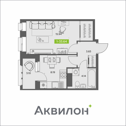 1-комнатная 33 м2 в ЖК Аквилон АКВАРТАЛ корпус null этаж 14