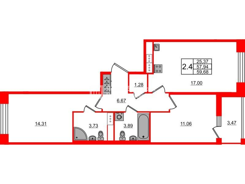 2-комнатная 57 м2 в ЖК Астра Континенталь корпус null этаж 6
